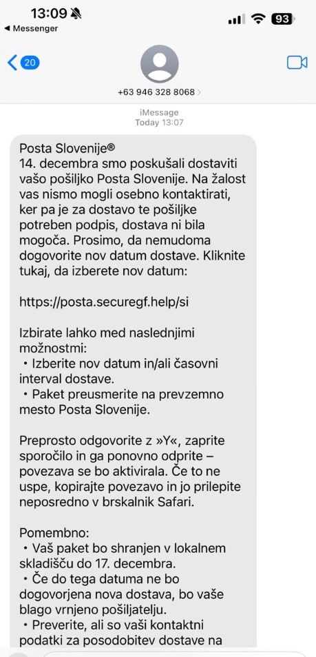 Primer lažnega SMS sporočila