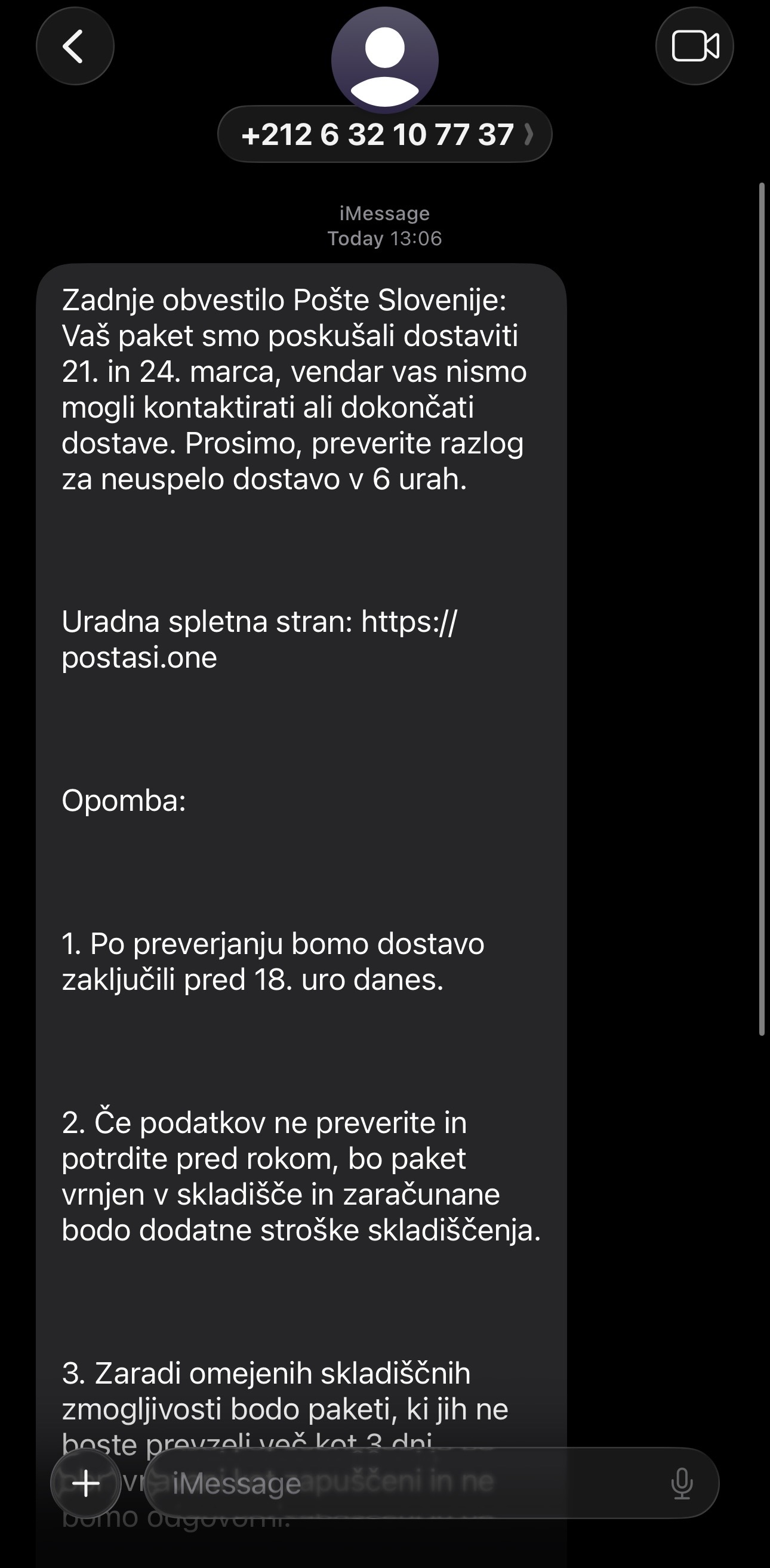 Primer lažnega SMS sporočila