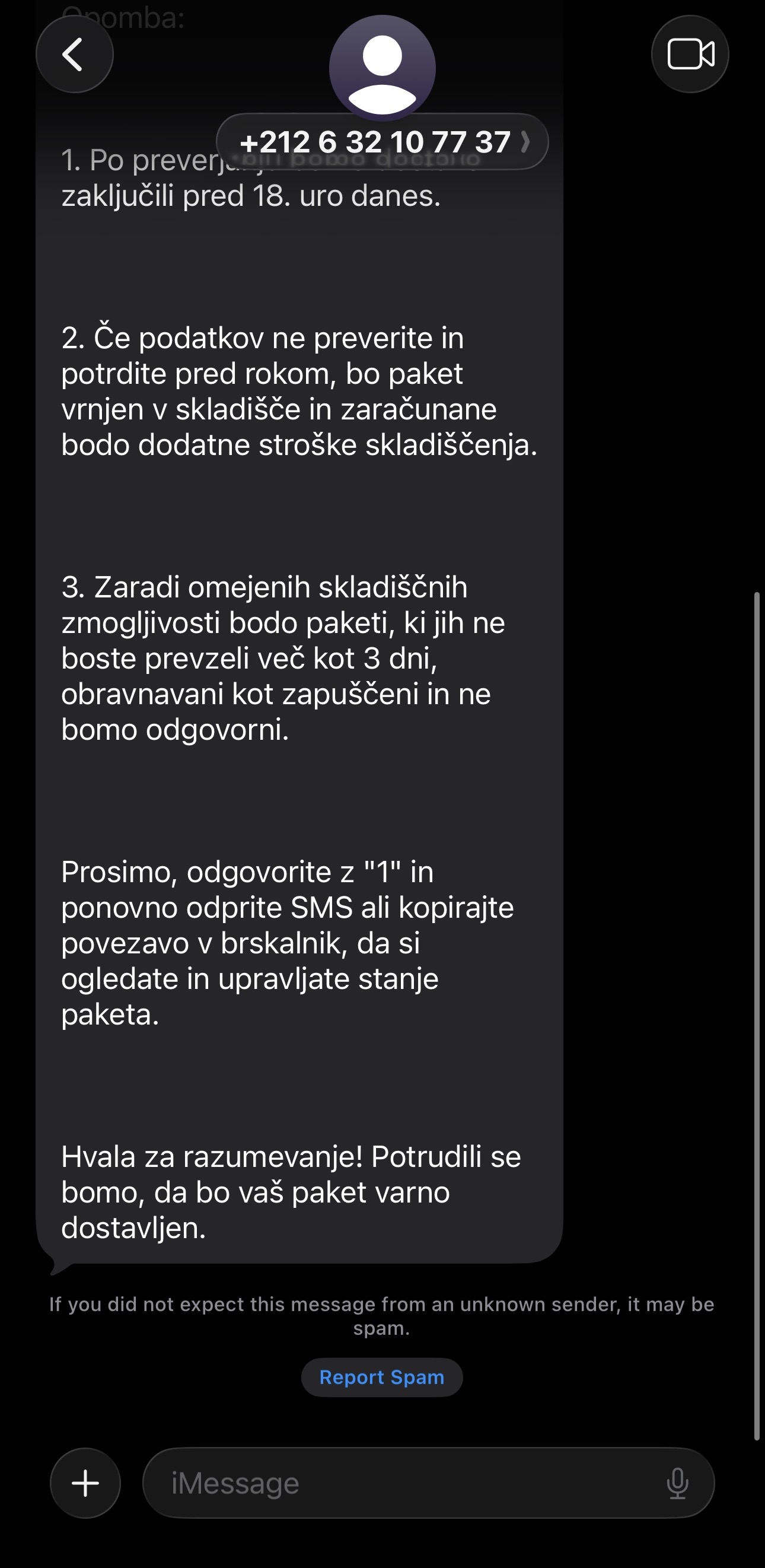 Primer lažnega SMS sporočila