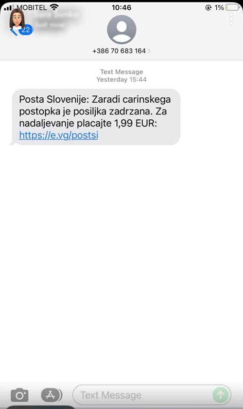 Primer lažnega SMS sporočila