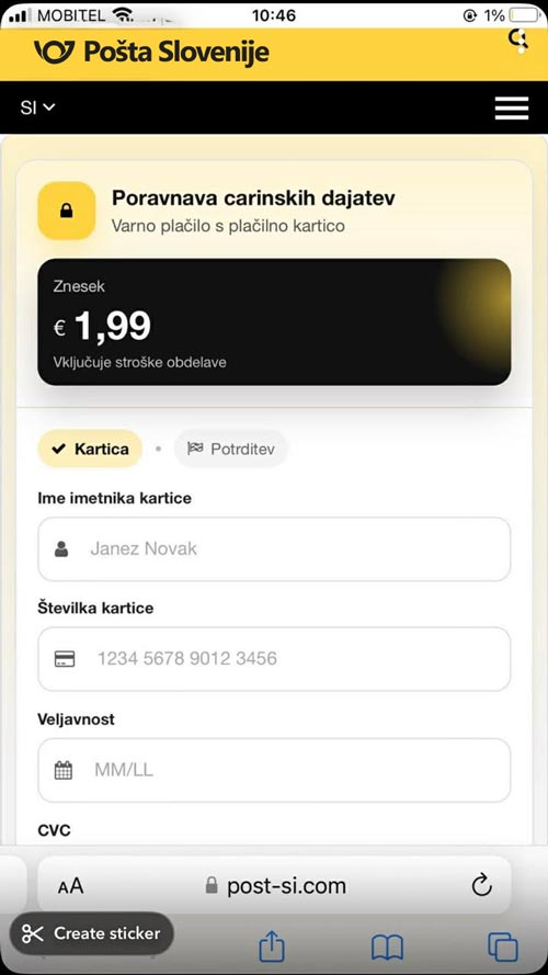 Primer lažnega SMS sporočila