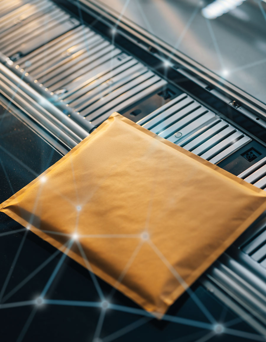 rumena poštna ovojnica, v ospredju na svetlem ozadju, z zamegljenimi digitalnimi ikonami v ozadju, simbolizacija prenove poštnih storitev in digitalne transformacije